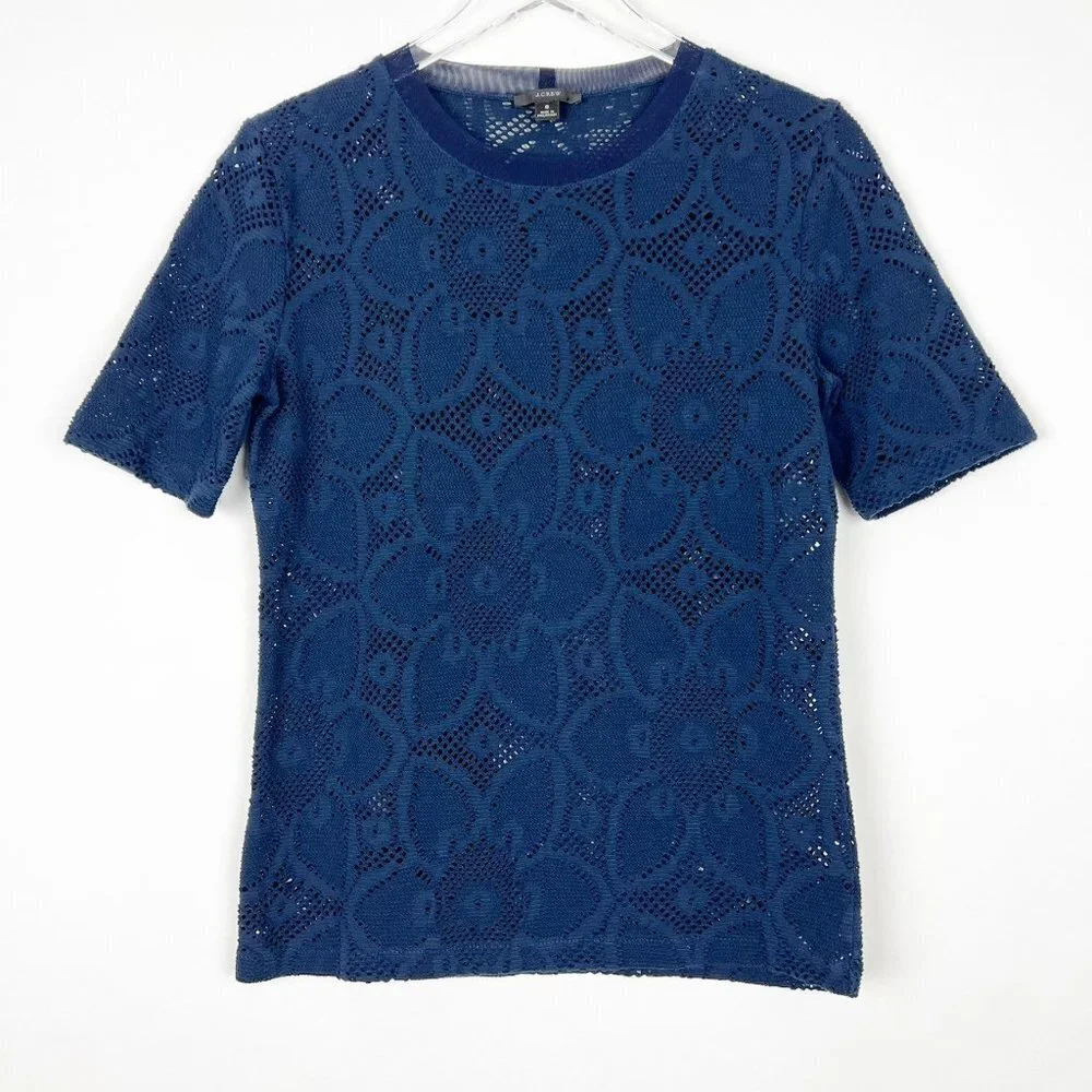 J. Crew Stretchy Floral Lace Crew Neck Short Sleeve Top. Navy Blue. Size S